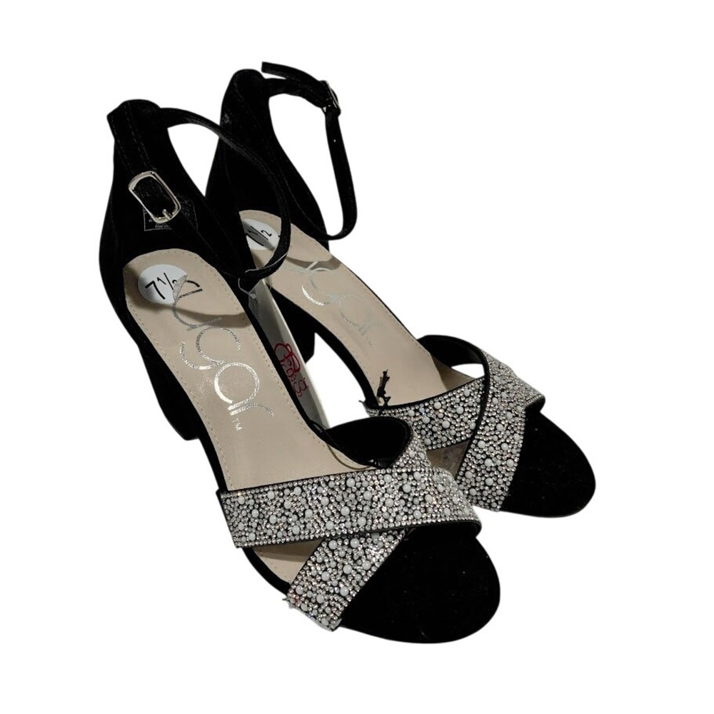 Sugar Machellie Bling Black Rhinestone Pearl Block Heel Sandals 7.5M